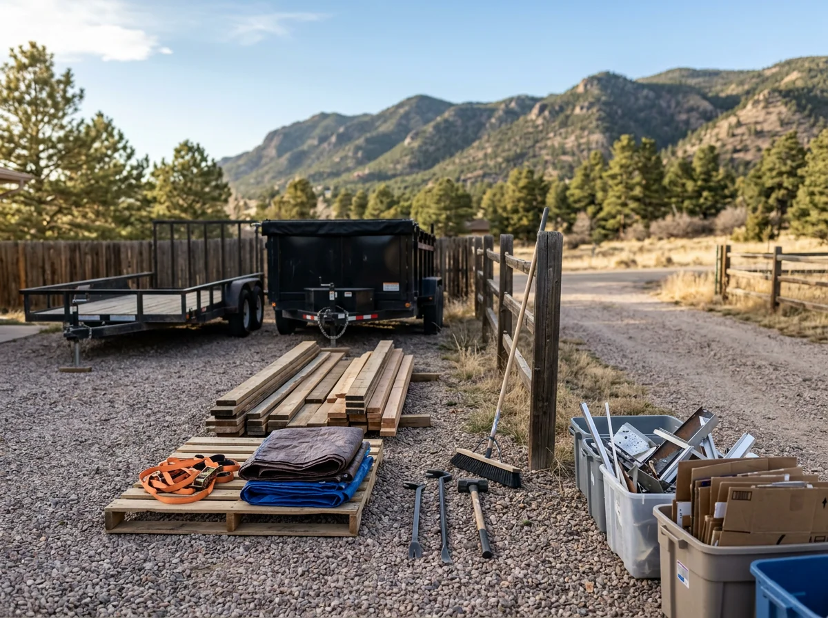 Environmental view of junk removal equipment and tools of the trade staged for a job. No people are shown in the photo.