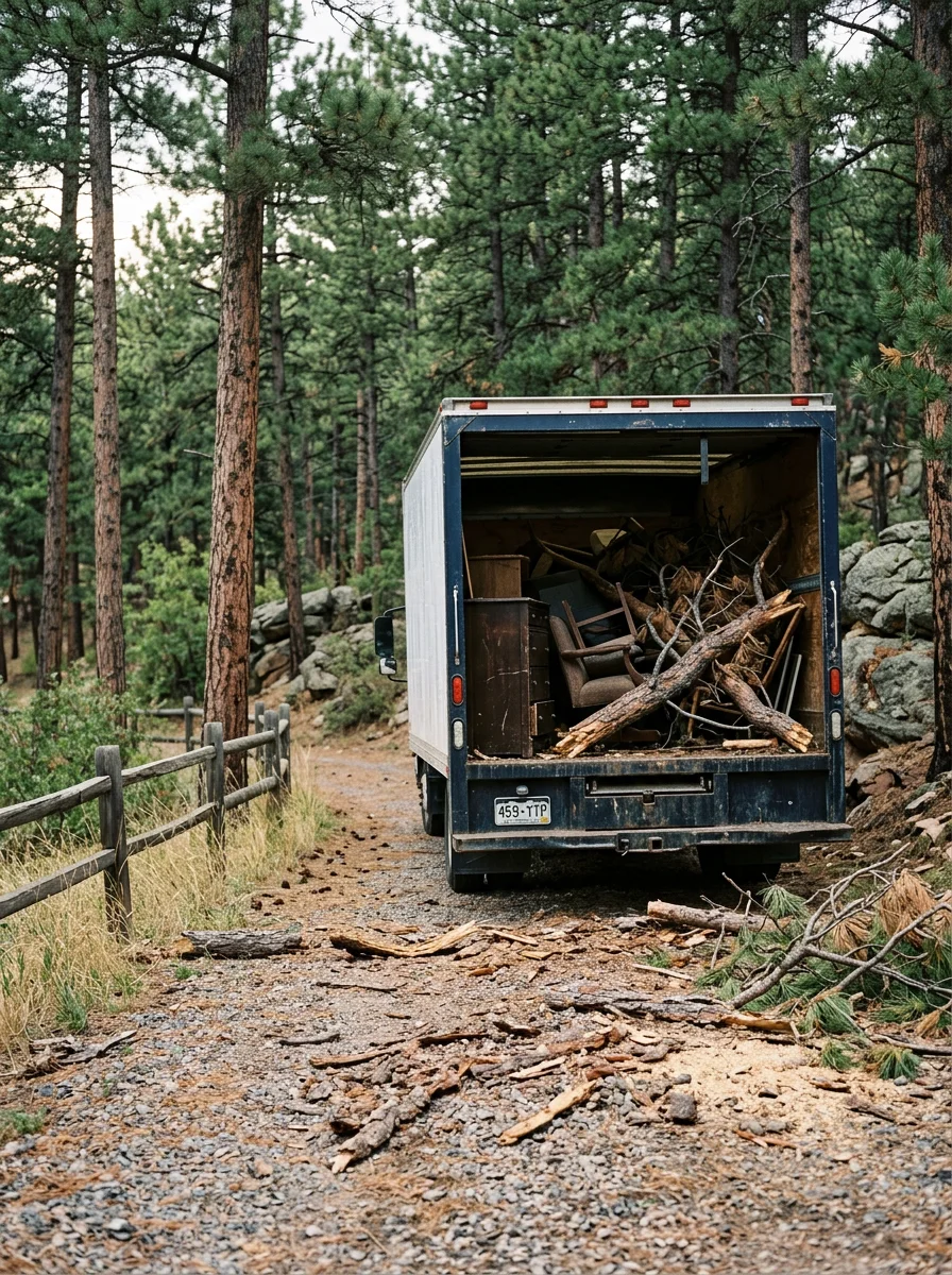 A crew loading old furniture and storm debris from a five-acre Black Forest, Colorado property into a junk removal truck on an unpaved driveway.