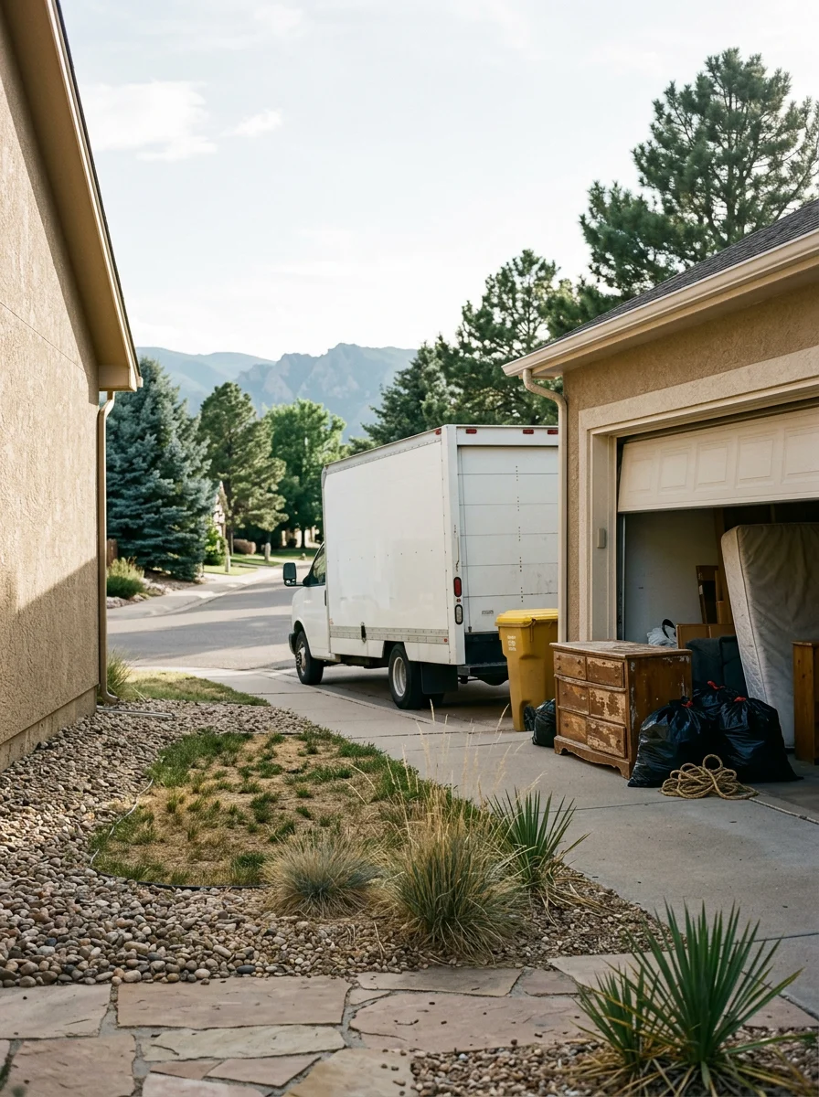 A crew member loading bulky items from a garage cleanout into a junk removal truck on a residential street in Colorado Springs.