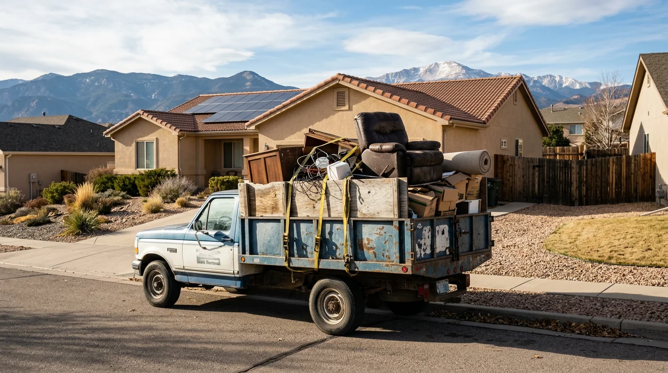 A junk removal truck loaded with old furniture and household debris parked in front of a ranch-style home in Colorado Springs, Colorado.