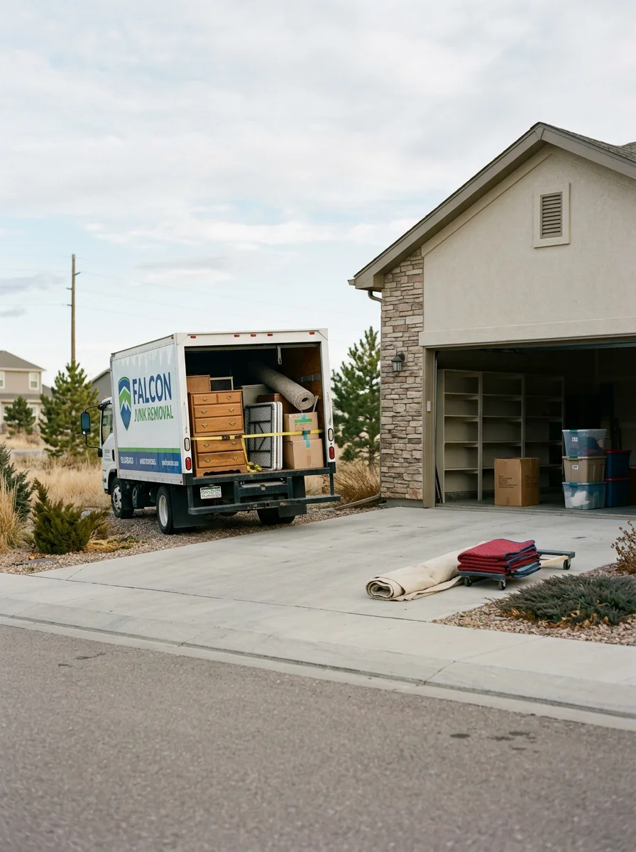 Old furniture and storage items removed from a garage in a Falcon, Colorado master-planned community, loaded into a junk removal truck.