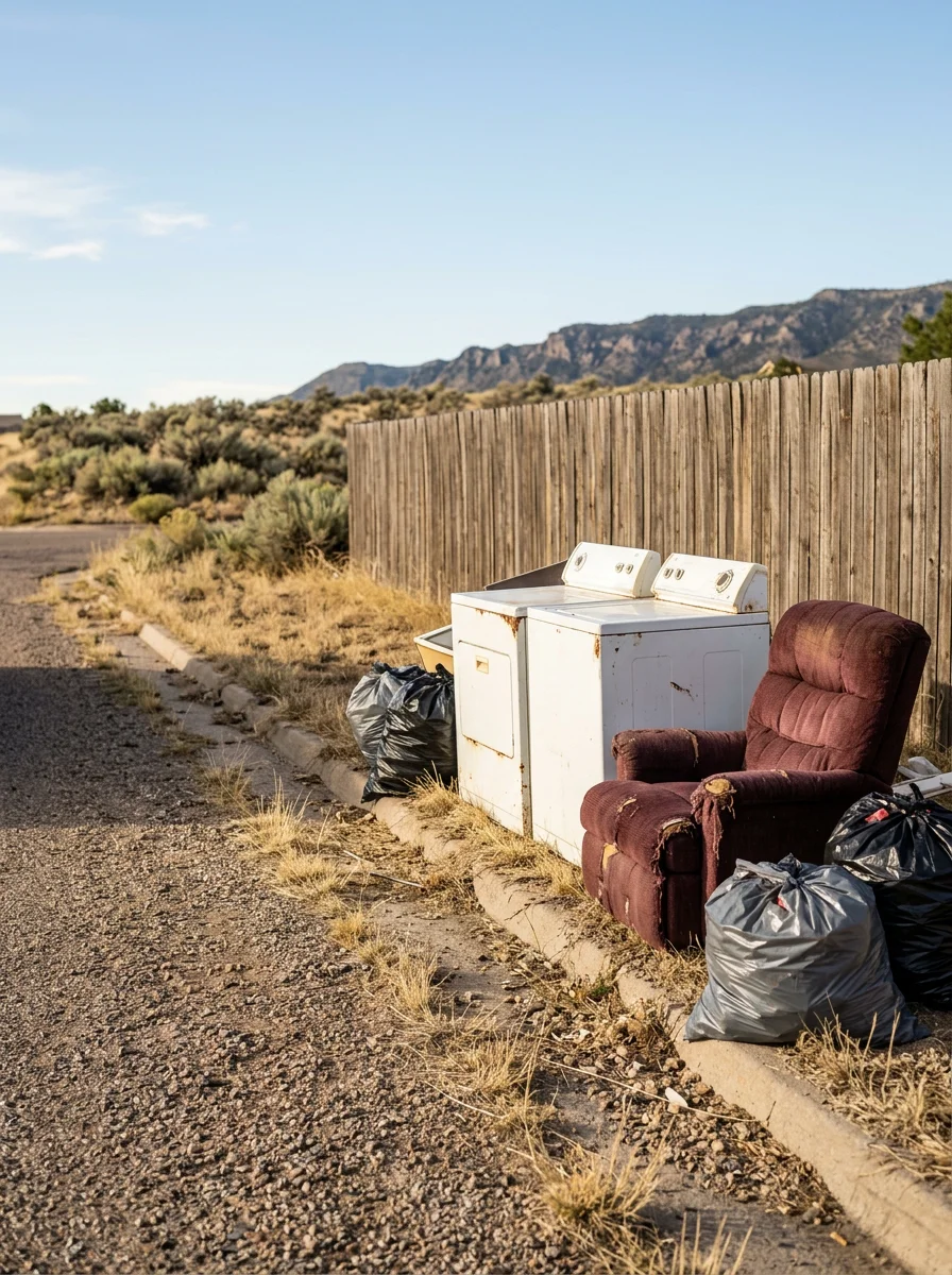 Old appliances and bagged debris staged at the curb of a Fountain, Colorado rental property awaiting junk removal pickup.