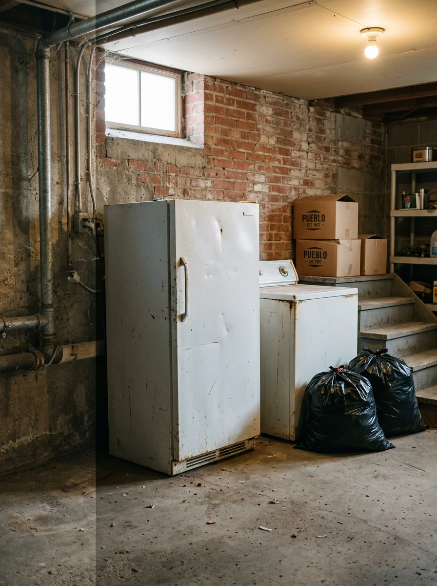 Old appliances and bagged household items removed from the basement of a mid-century home in Pueblo, Colorado, ready for haul-away.