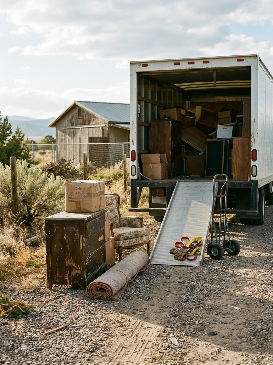 Old furniture and stored items staged outside a detached outbuilding on an acre lot in Pueblo West, Colorado, being loaded into a junk removal truck.