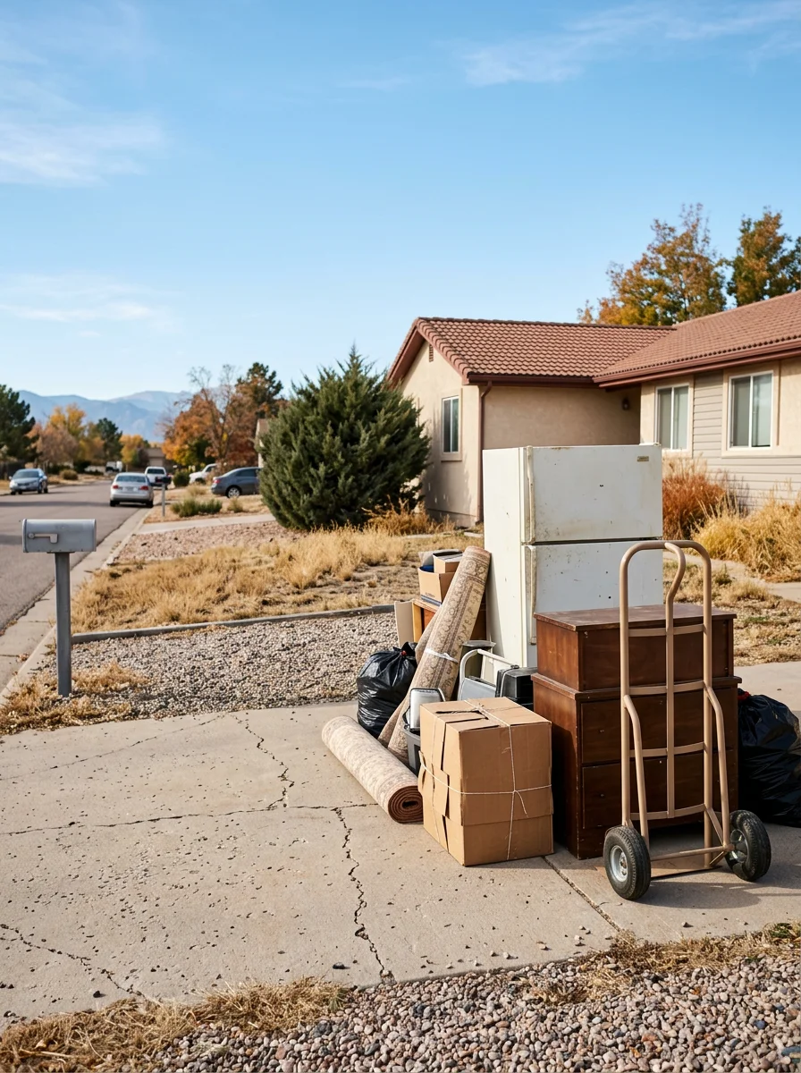 A pile of mixed household debris and old appliances staged on the driveway of a Security-Widefield, Colorado property ready for haul-away.