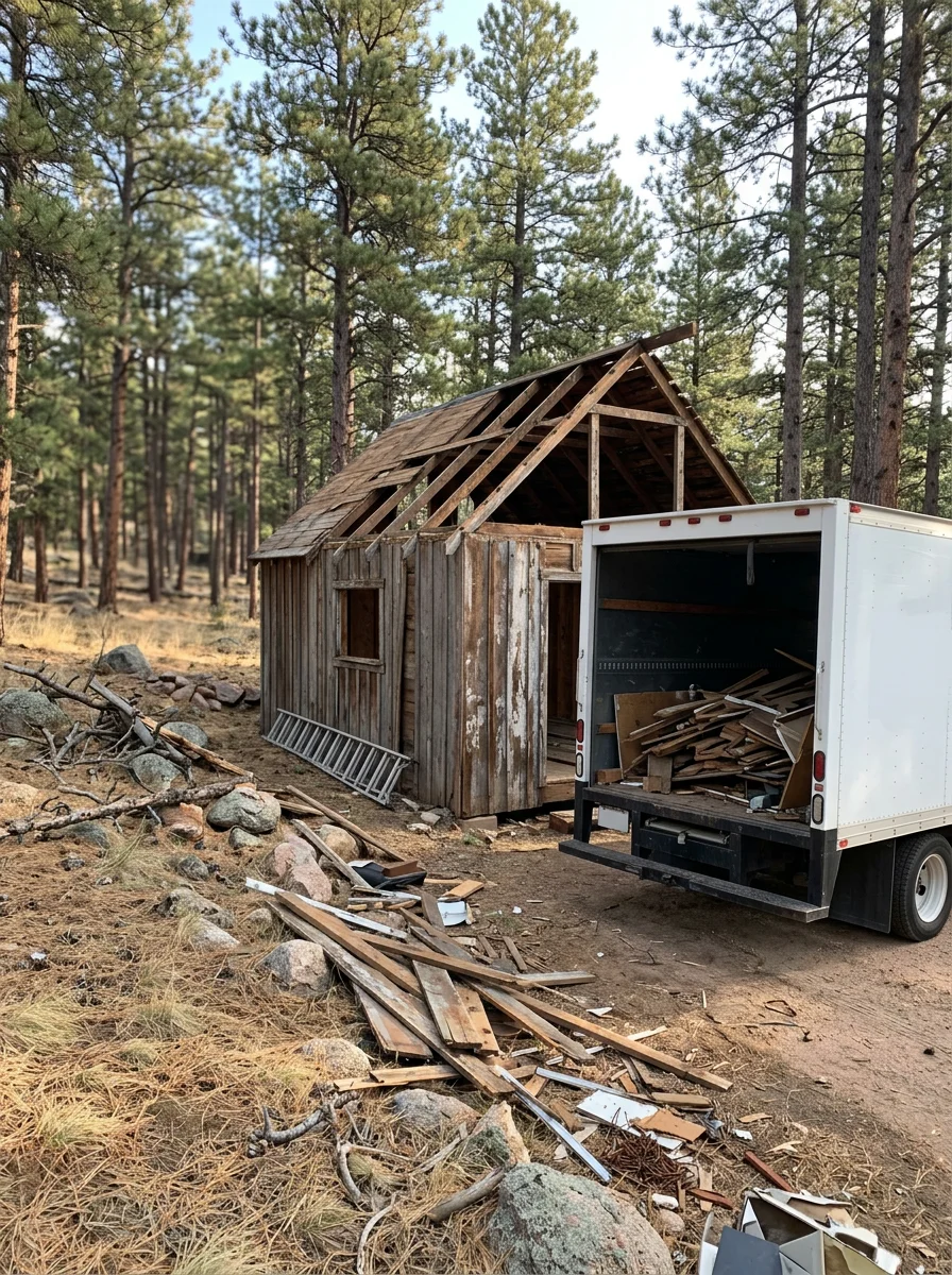 An old weathered shed being dismantled on a pine-covered property in Woodland Park, Colorado with debris loaded into a junk removal truck.