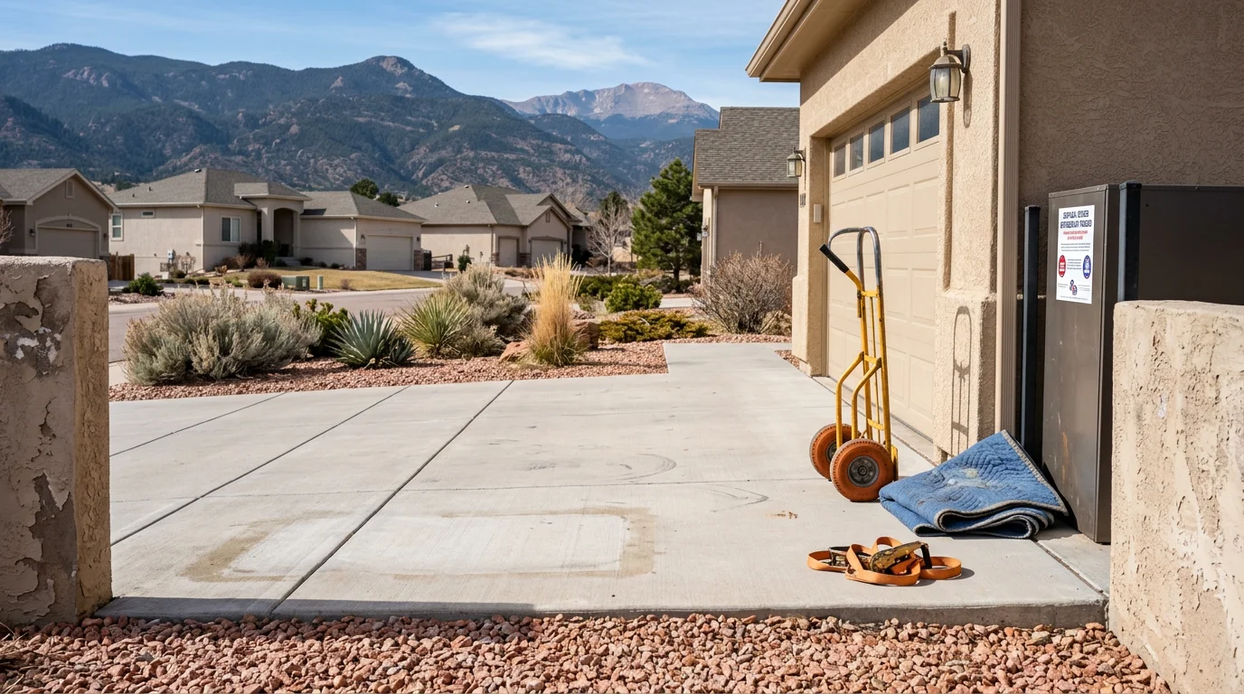 A washer and dryer being loaded onto a junk removal truck in a residential driveway in Colorado Springs. The appliances are staged at the garage entrance ready for haul-away.