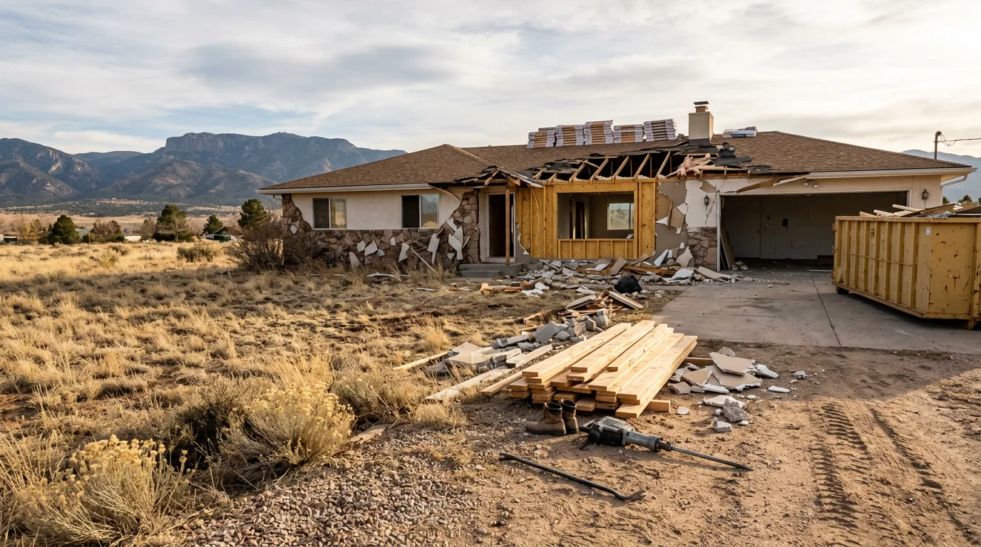 A cleared residential property in Colorado Springs after demolition, with rubble removed and the lot ready for its next use. Junk Hauling Masters LLC performed the teardown and debris hauling for a local homeowner.