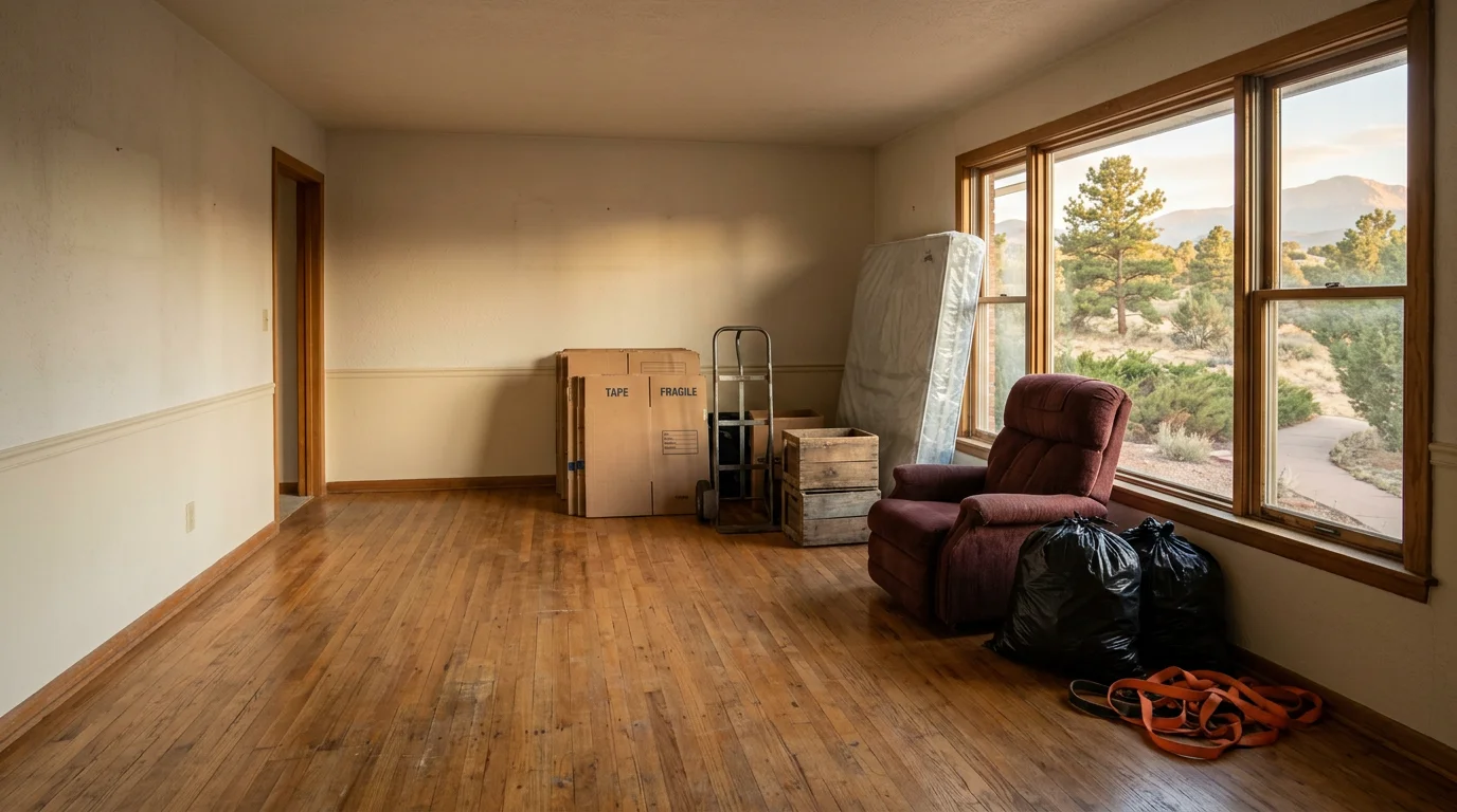A cleared residential living room in a Colorado Springs home after an estate cleanout, with furniture and household items removed and the space left empty and ready for sale or transfer.