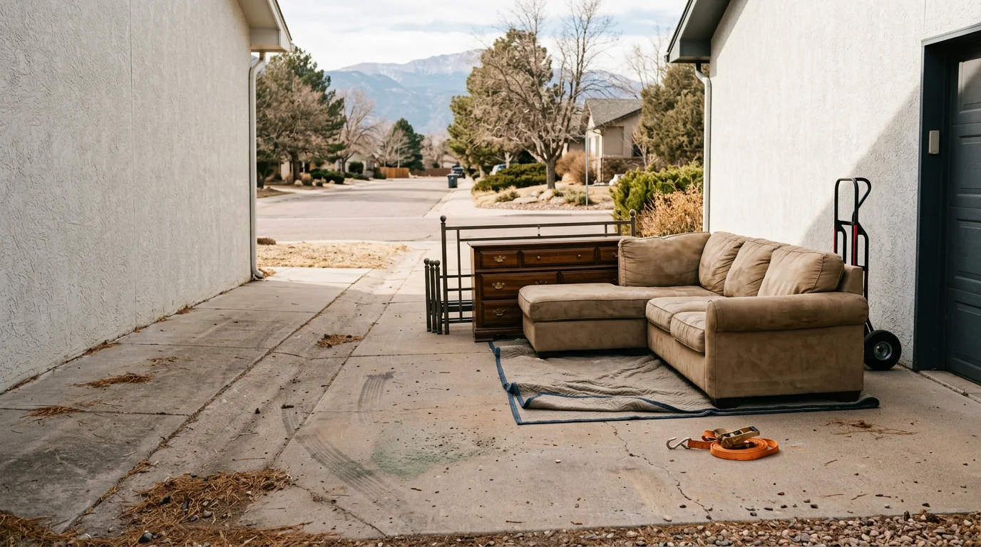A Junk Hauling Masters LLC crew member carrying a large sectional sofa out of a Colorado Springs home through a narrow hallway. The living room behind them is cleared and clean after a full furniture removal.