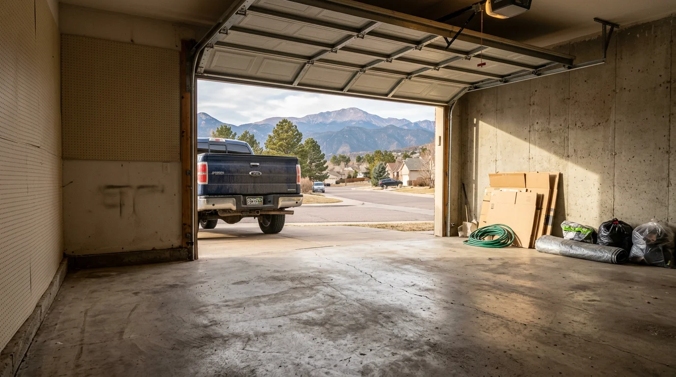 A cleared and empty two-car garage in a Colorado Springs home after a full junk cleanout, with swept concrete floors and no remaining clutter or debris.