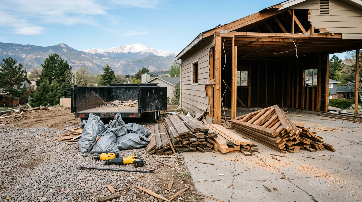 A cleared residential lot in Colorado Springs where a detached garage has been fully demolished and all debris removed, leaving a clean gravel surface ready for new use. A Junk Hauling Masters LLC truck is visible at the edge of the property.