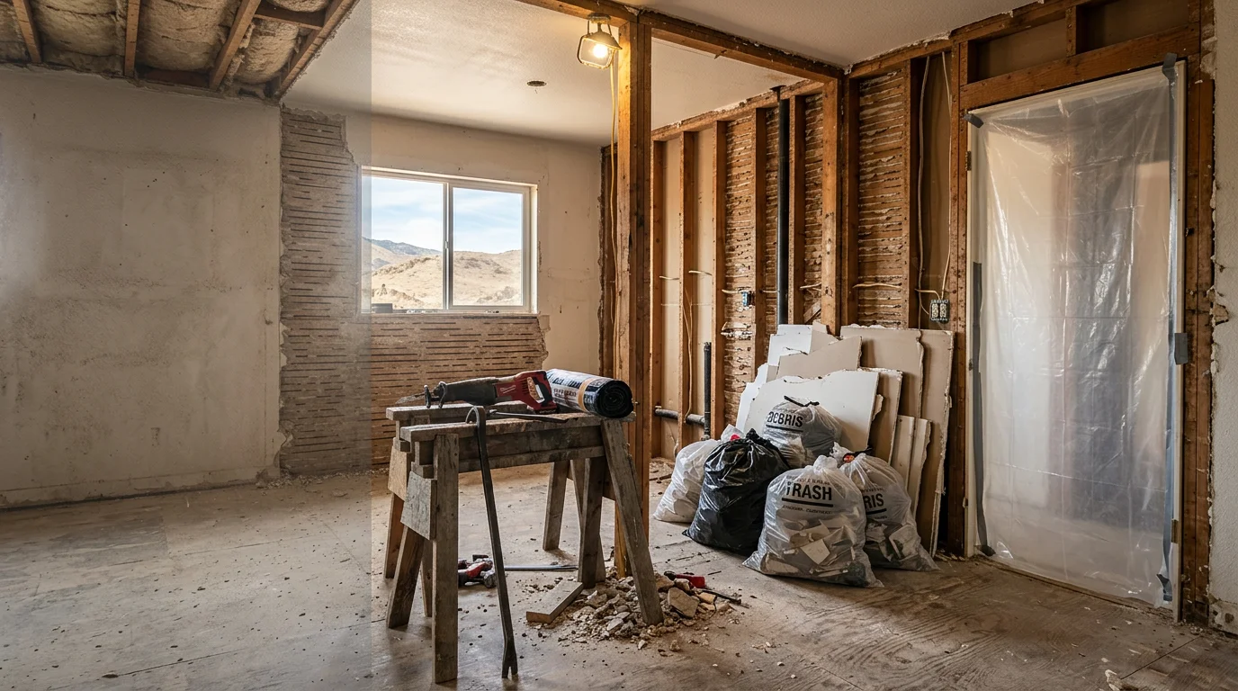 Interior of a Colorado Springs home mid-demolition, with drywall removed down to the studs and debris staged for hauling. Plastic sheeting seals the doorway to contain dust from the rest of the house.