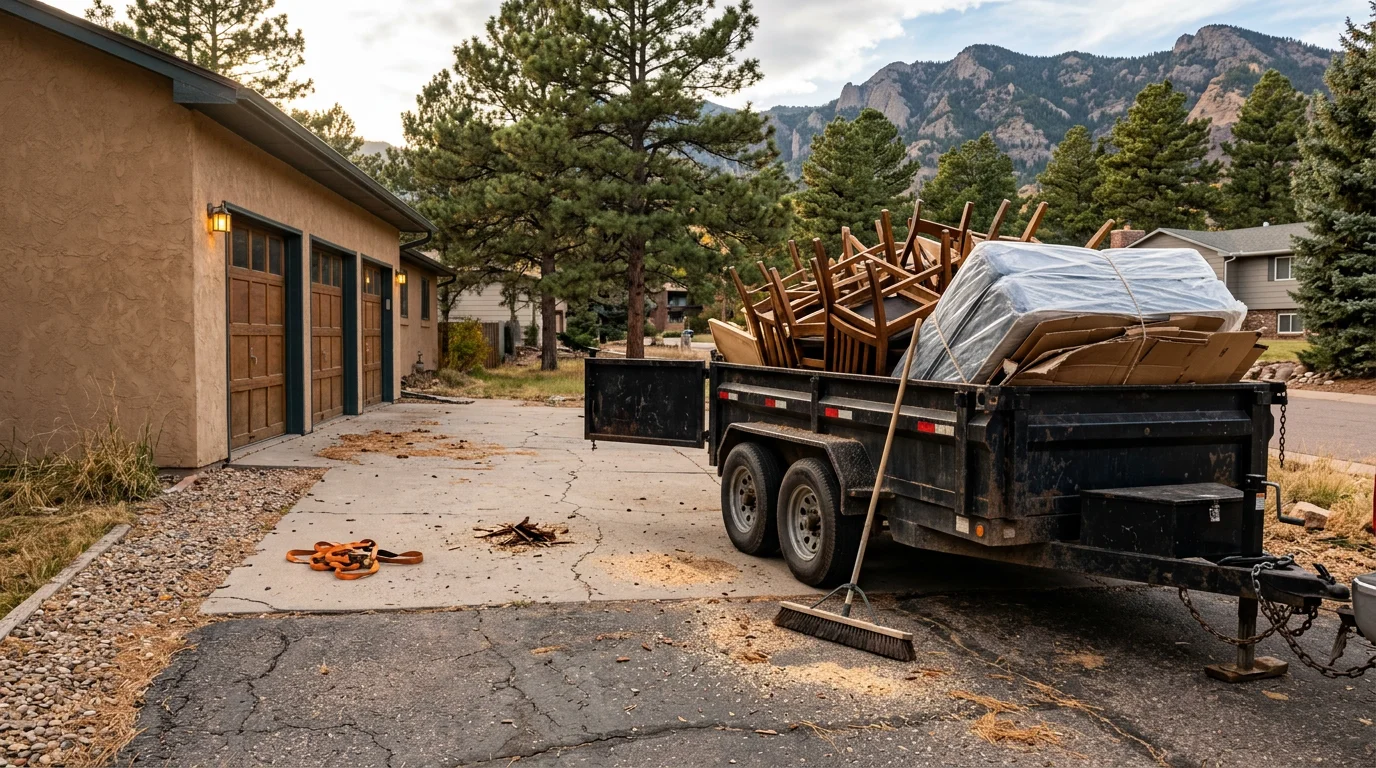 A cleared residential space in Colorado Springs after junk removal, with bags and bulky household items loaded into a hauling truck parked in the driveway. The area is visibly clean and free of clutter.