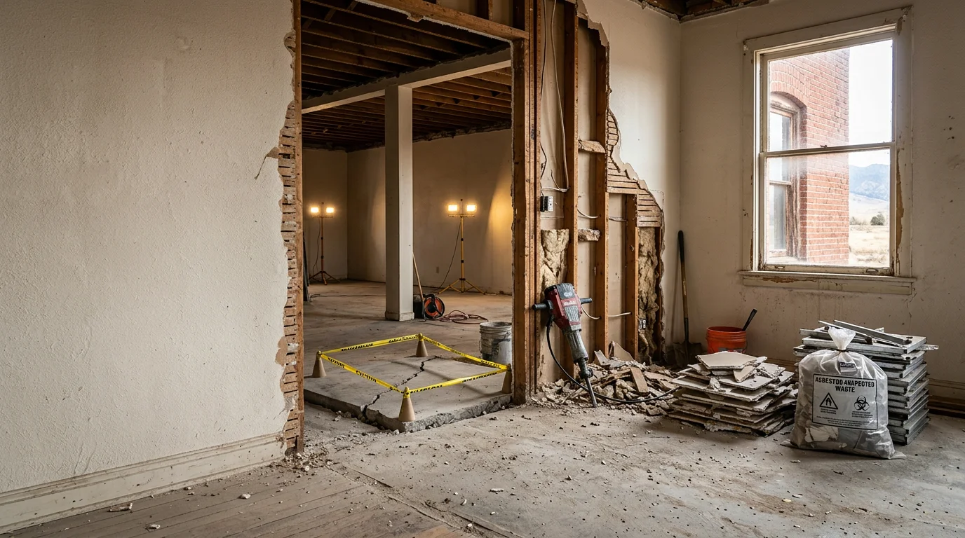 A targeted section of an interior wall removed during a selective demolition project at a residential property in Colorado Springs, with surrounding walls and flooring left fully intact. Debris is staged for hauling in the cleared work area.