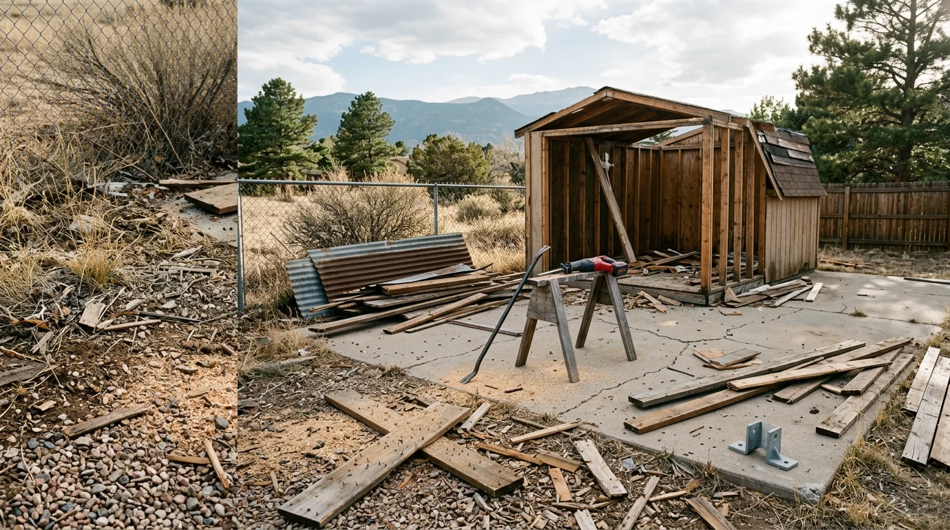 A demolished backyard shed with all wood framing and roofing material broken down and stacked for haul-away on a residential property in Colorado Springs. The cleared yard area is visible behind the debris pile, showing the open space reclaimed after shed removal.